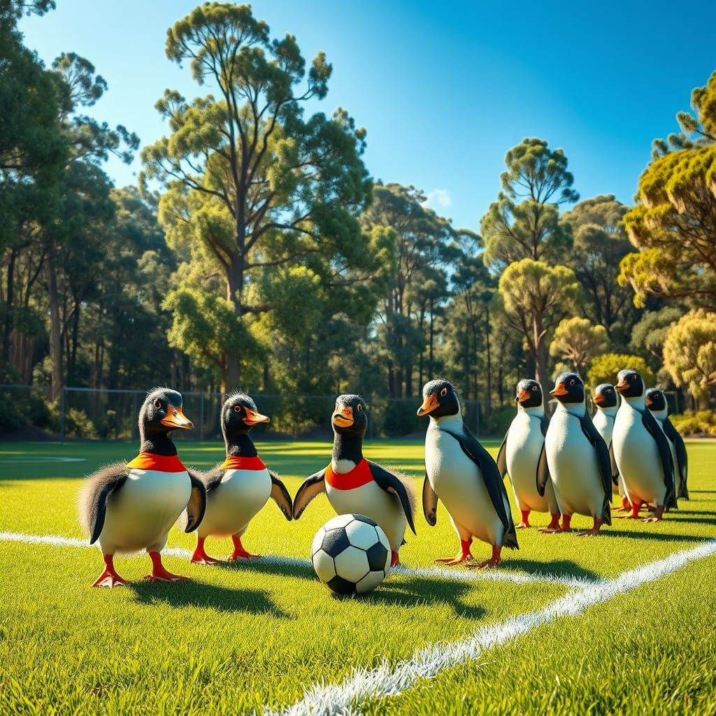 Ducks Play Soccer in Forest Clearing, Hyperrealistic