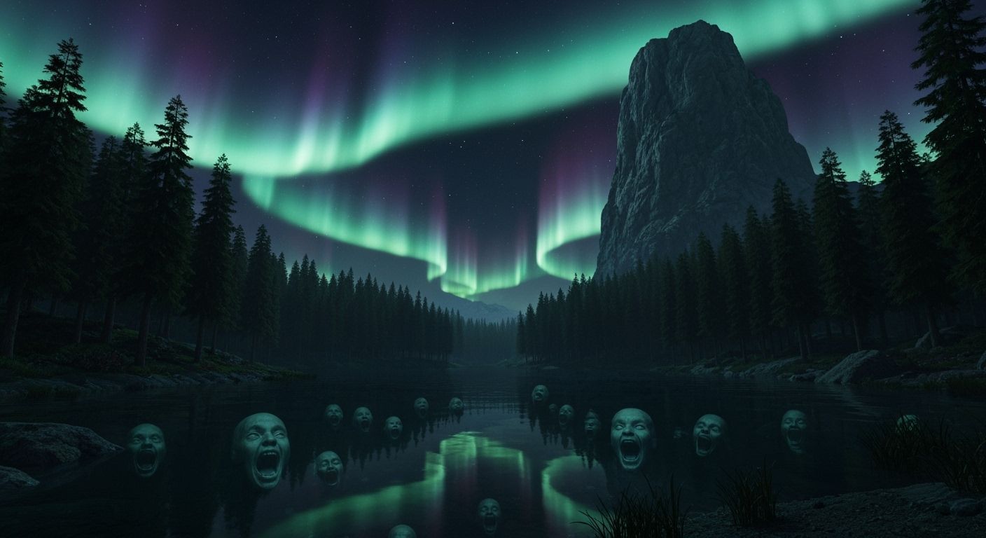 Taiga Forest Lake Under Aurora With Underwater Screaming Fac...