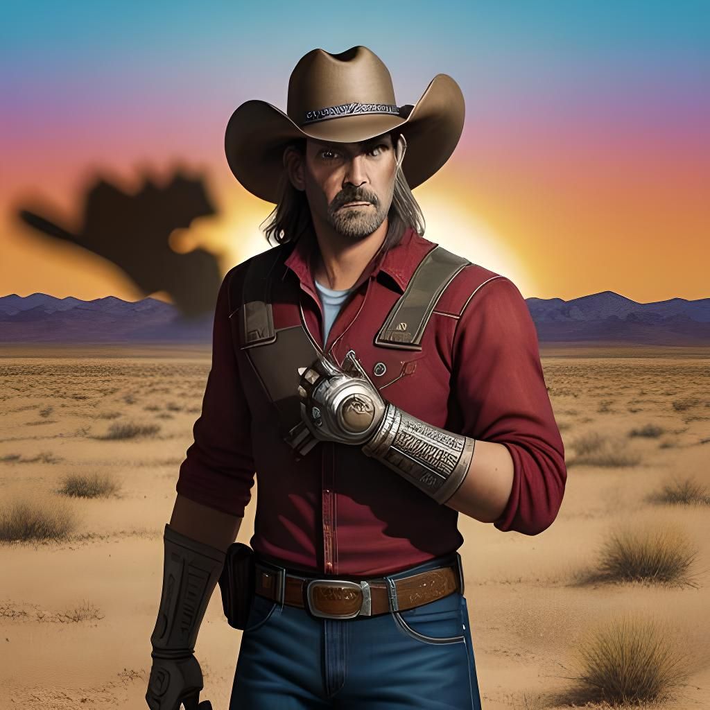Hyperrealistic Comic Book Cowboy with Robot Arm