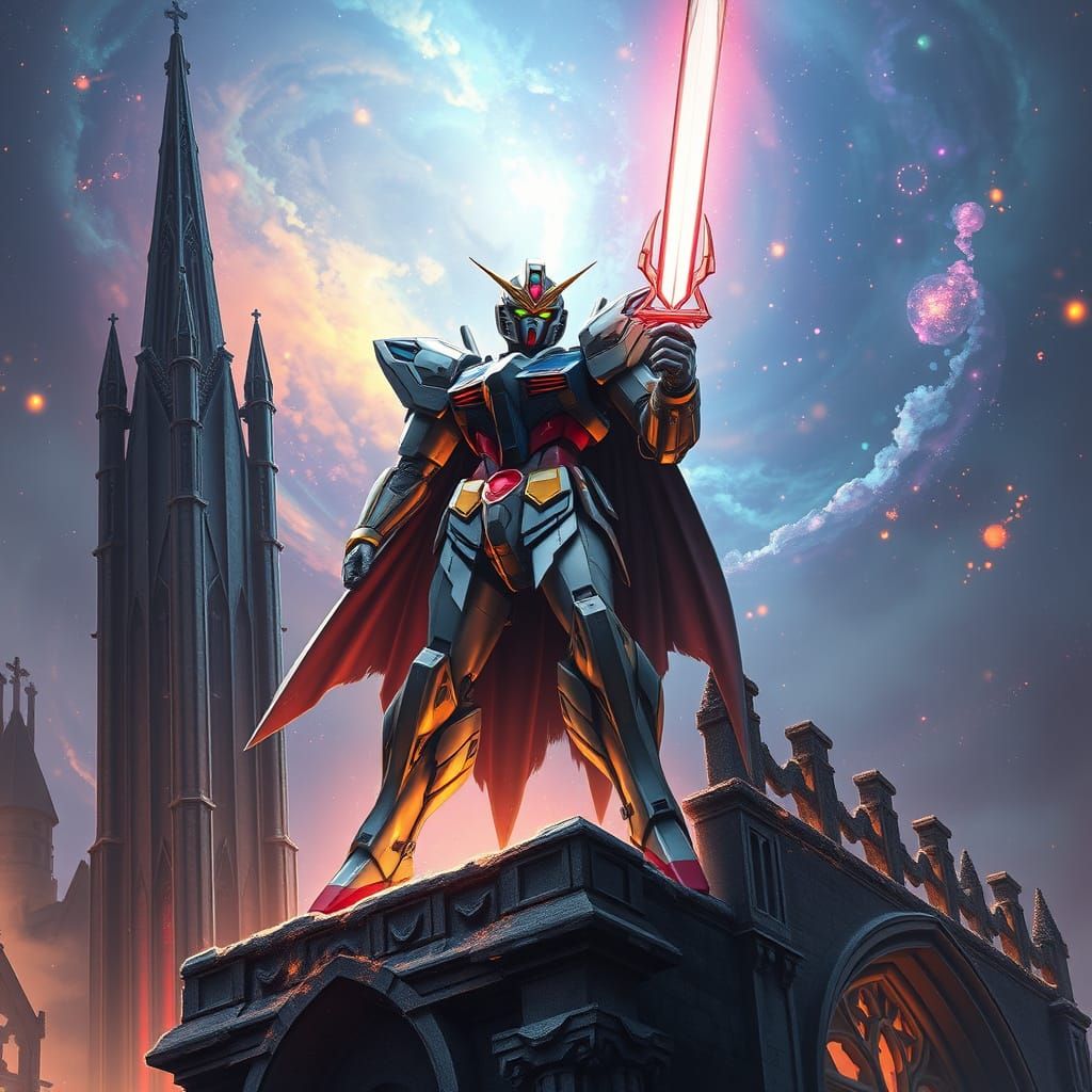 Non-Binary Knight in Gundam Armor on Gothic Cathedral