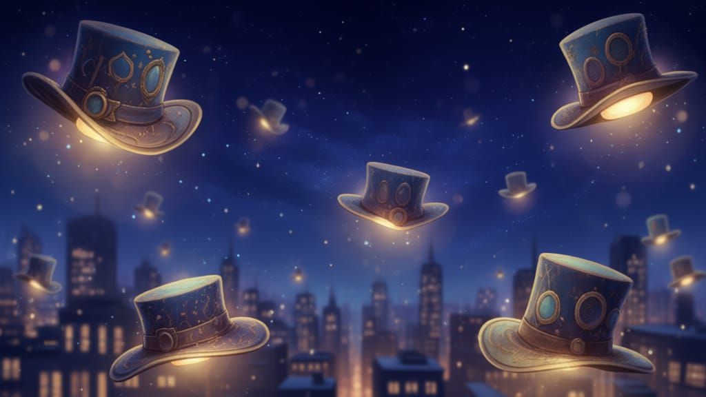 Enchanted Hats Float Through Starlit Urban Sky