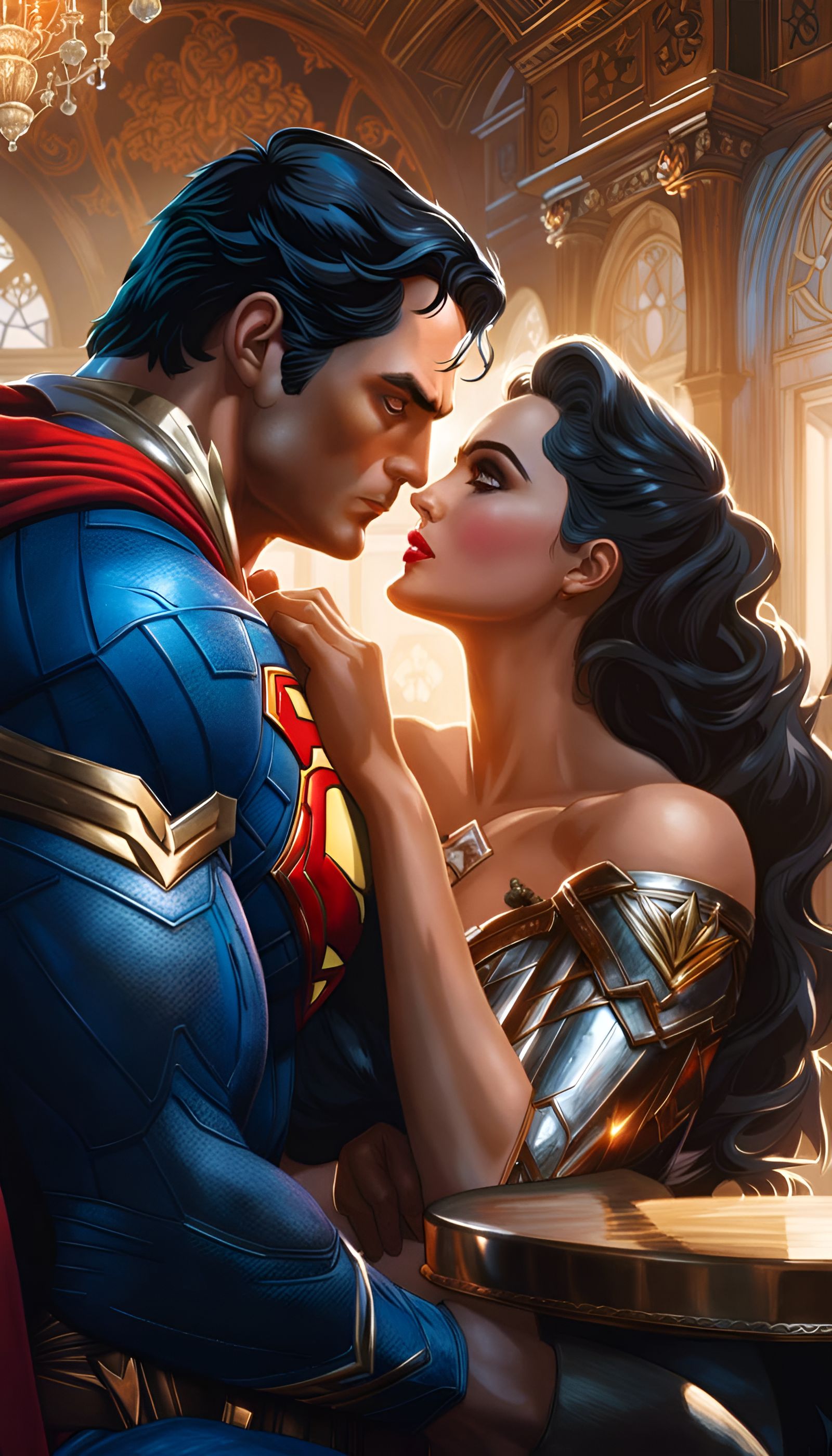 Superman and Wonder Woman Kiss in Rococo Style