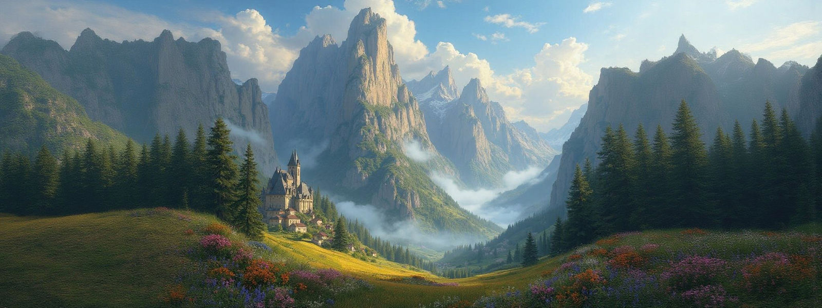 Ethereal Fantasy Mountain Village with Distant Castle