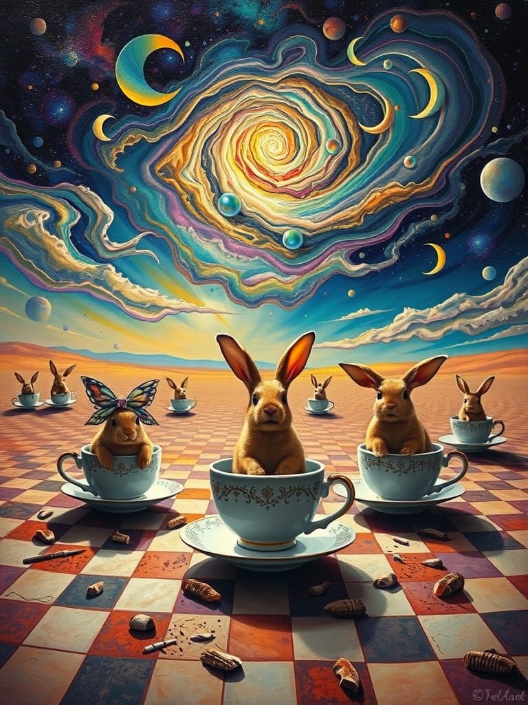 Surreal Rabbits Emerge From Teacups in Dreamscape Desert