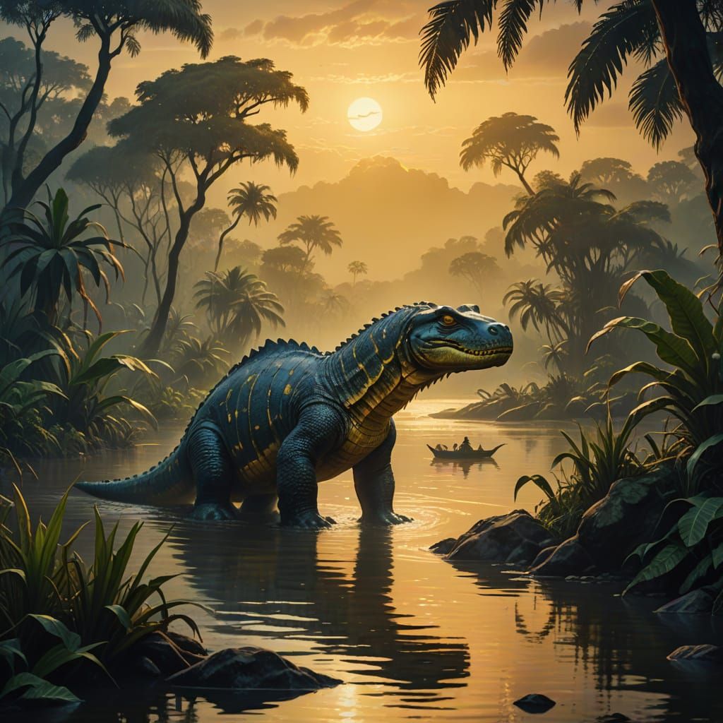 Mokele-mbembe in Congo River: Surreal Oil Painting