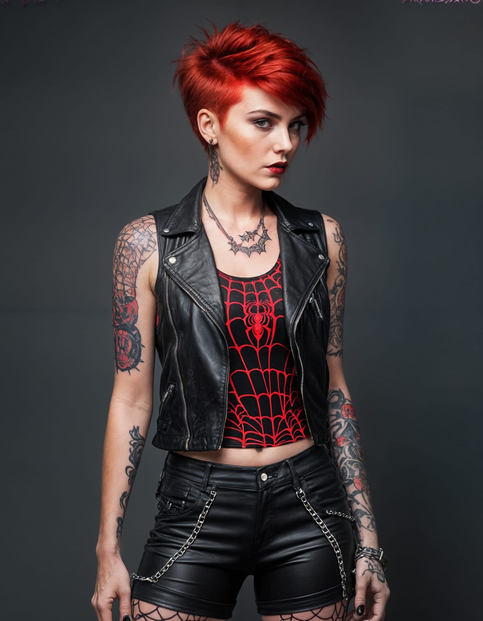 Punk Girl with Spiderweb Tattoo in 1980s Style