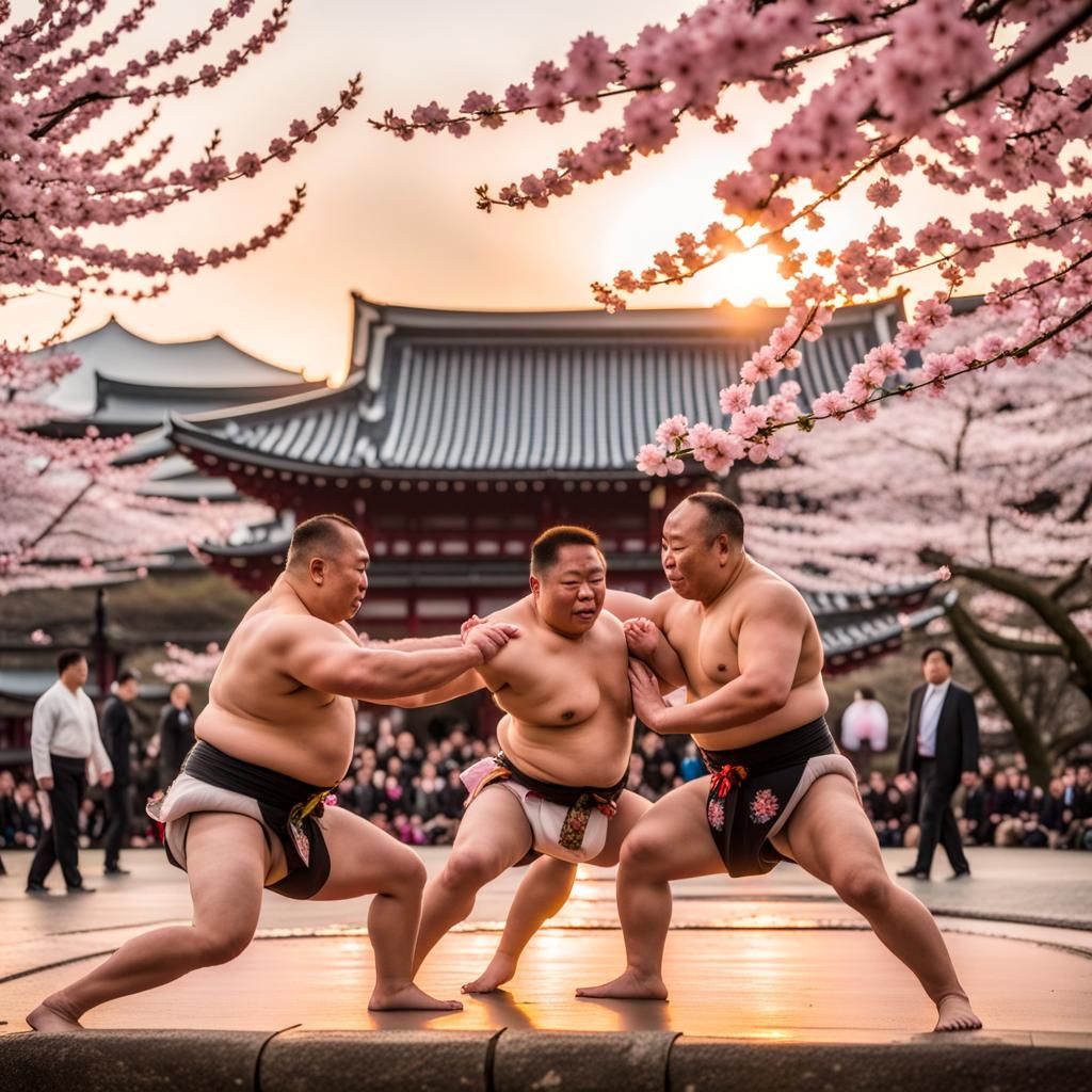 Sumo Wrestling at Sunset with Cherry Blossoms
