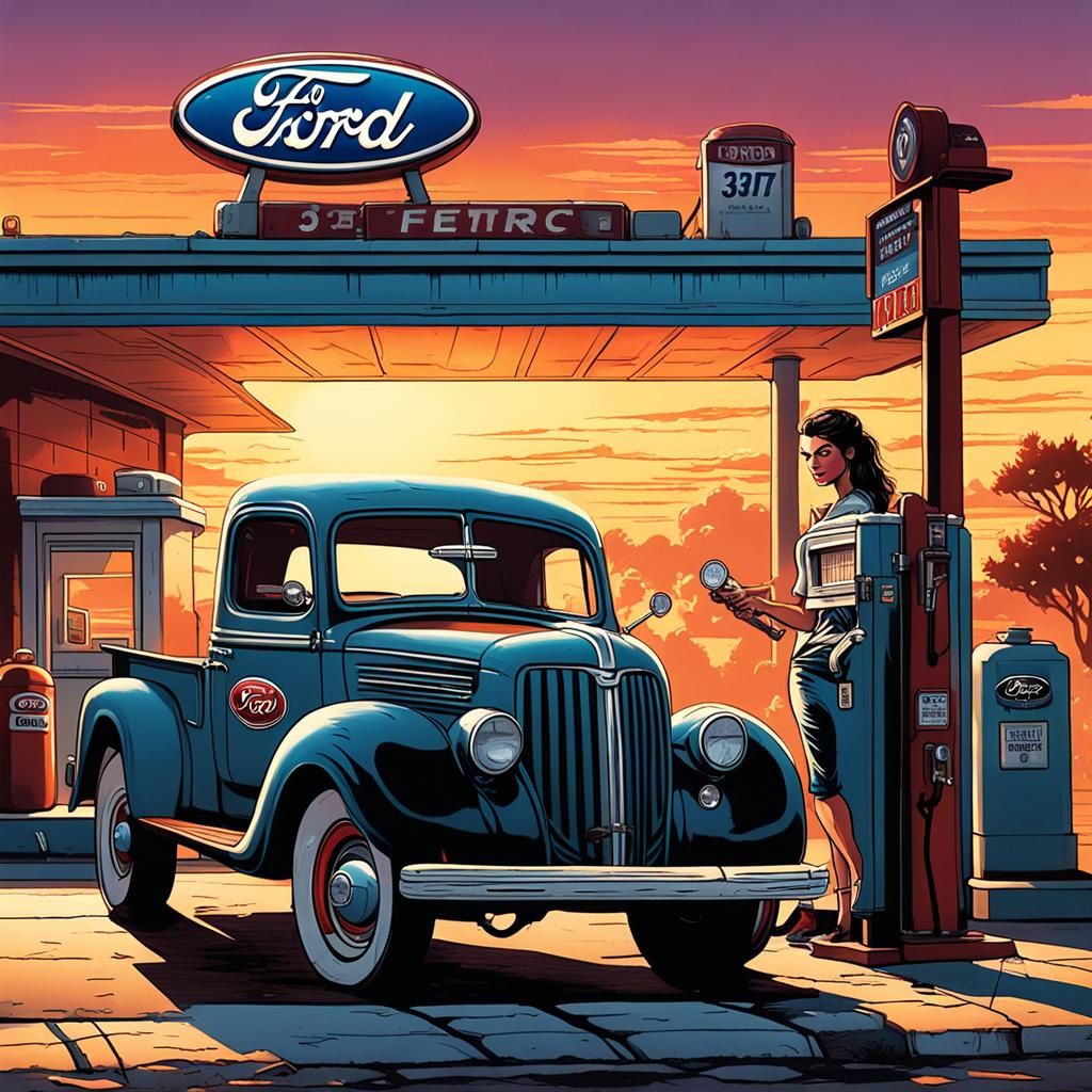 Vintage Gas Station: Comic Book Art of Woman Fueling Ford