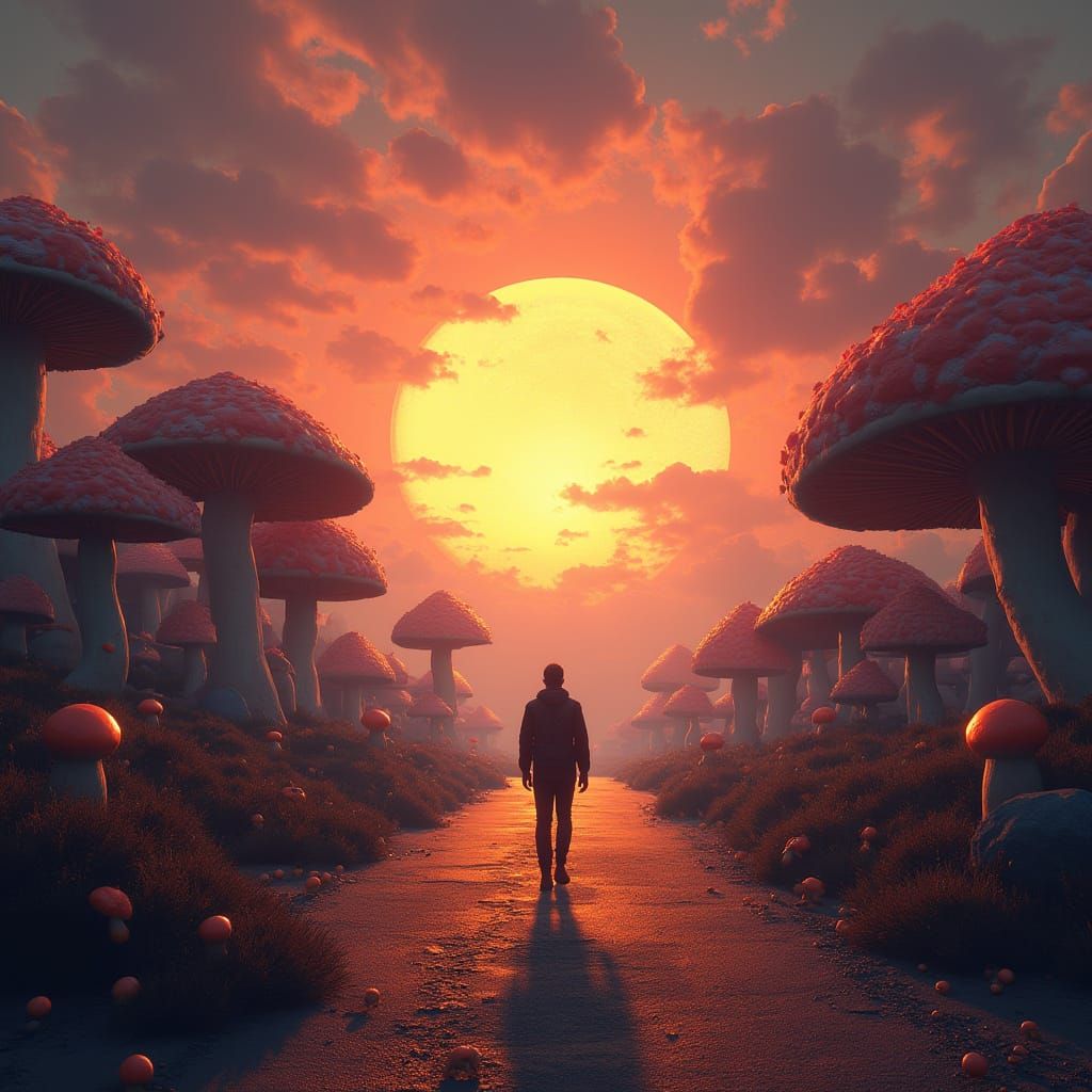 Man Walks Through Mushroom City at Sunset