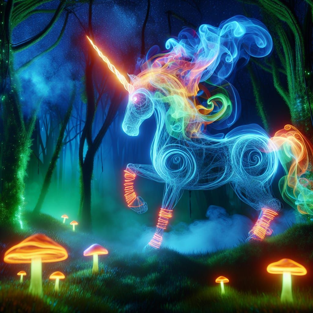 Neon Unicorn in Enchanted Glowing Mushroom Forest