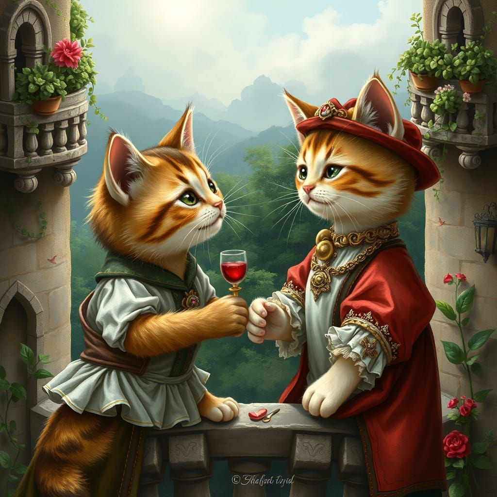 Feline Romeo and Juliet in Whimsical Renaissance Setting