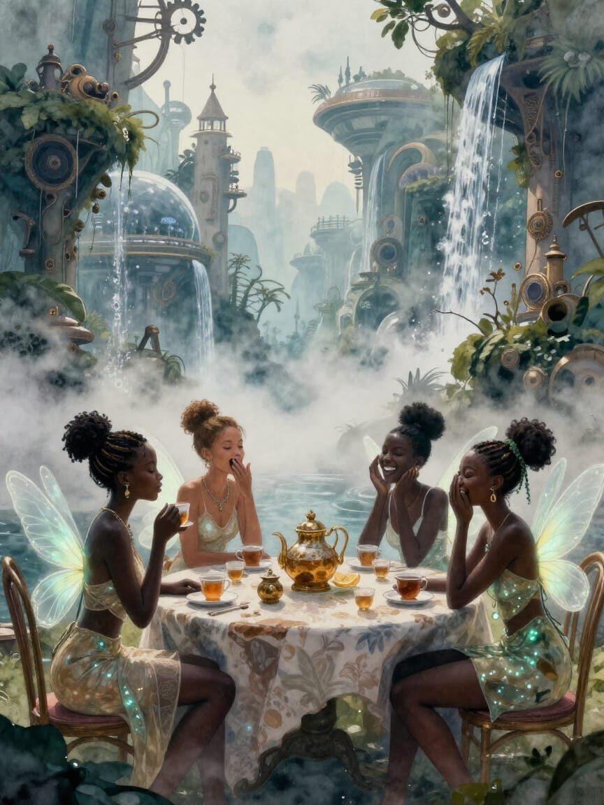 Fairies Gossiping in Futuristic African City Watercolor
