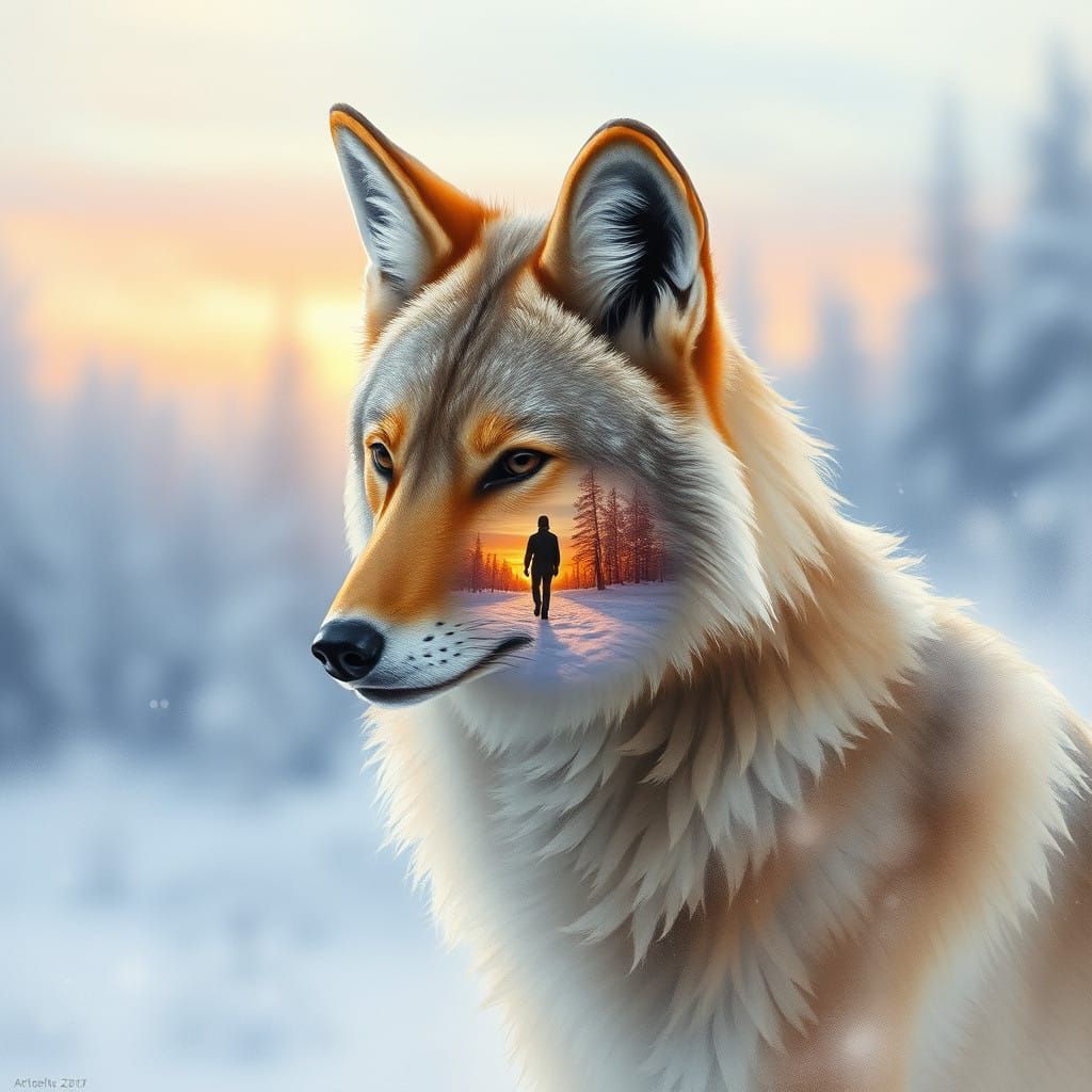 Coyote in Serene Snowy Landscape - Watercolor Dreamscapes