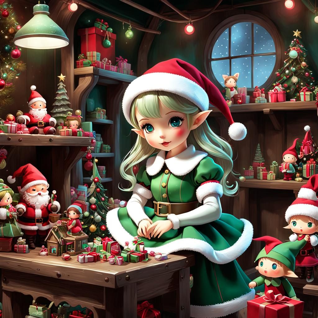Kawaii Christmas Doll in Santa's Workshop
