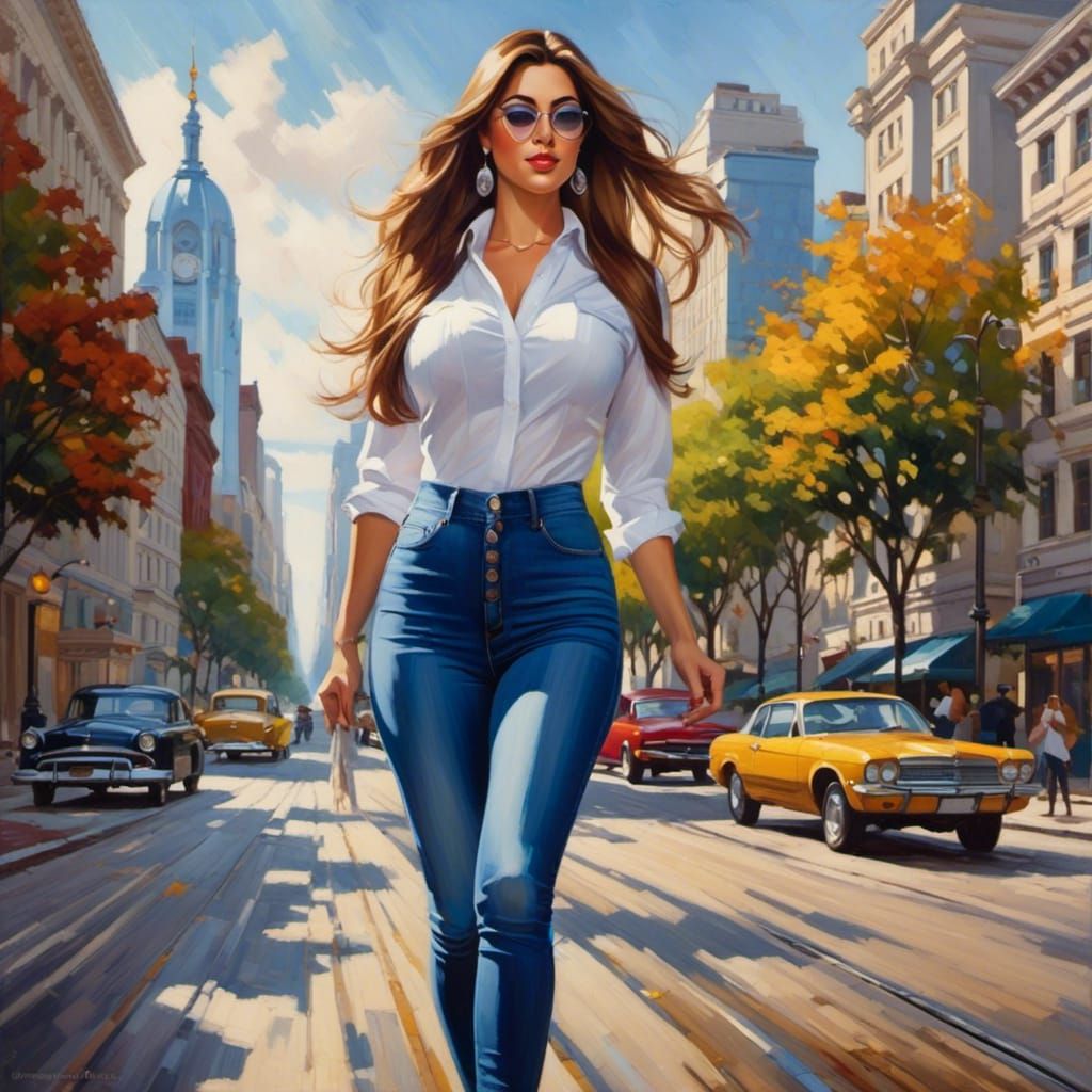 Curvy Woman in Jeans: Detailed Oil Painting