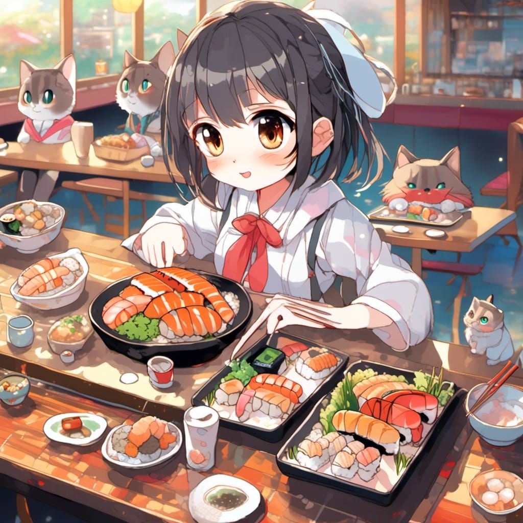 Cat Sushi Restaurant in Anime Style