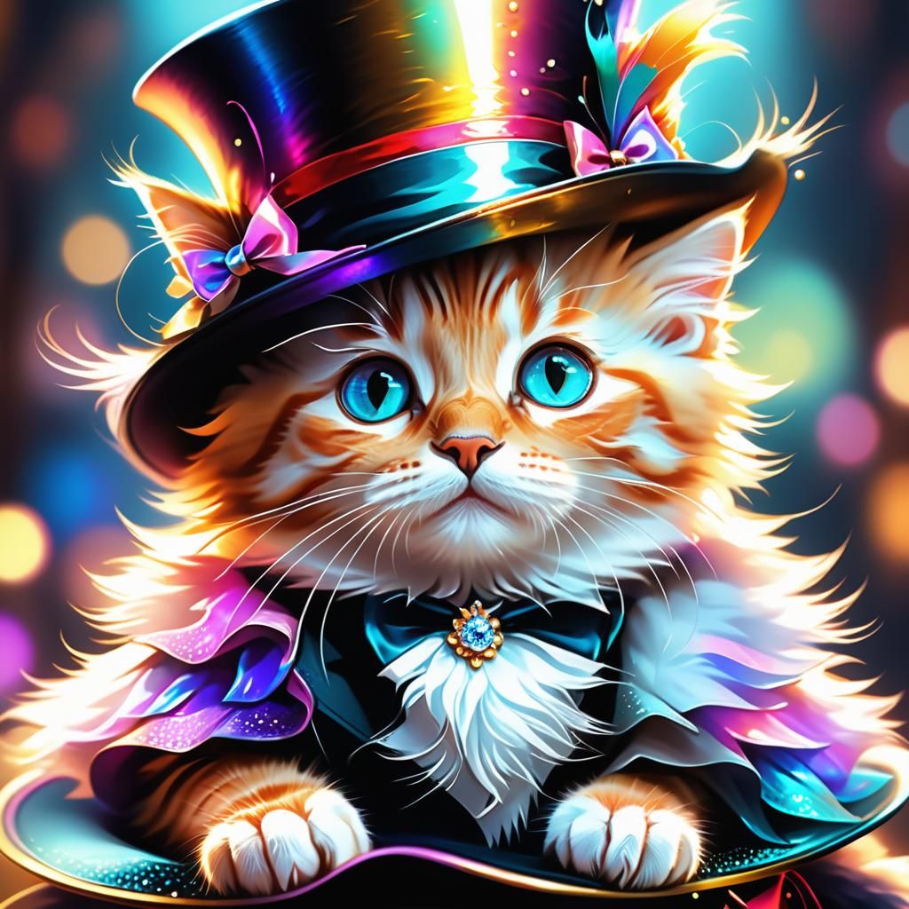 Kitten Portrait in Top-Hat: Whimsical Digital Art
