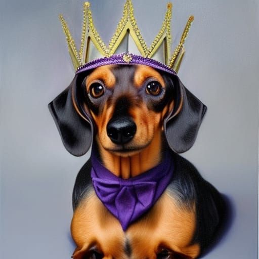 Dachshund Portrait with Purple Crown as Oil Painting
