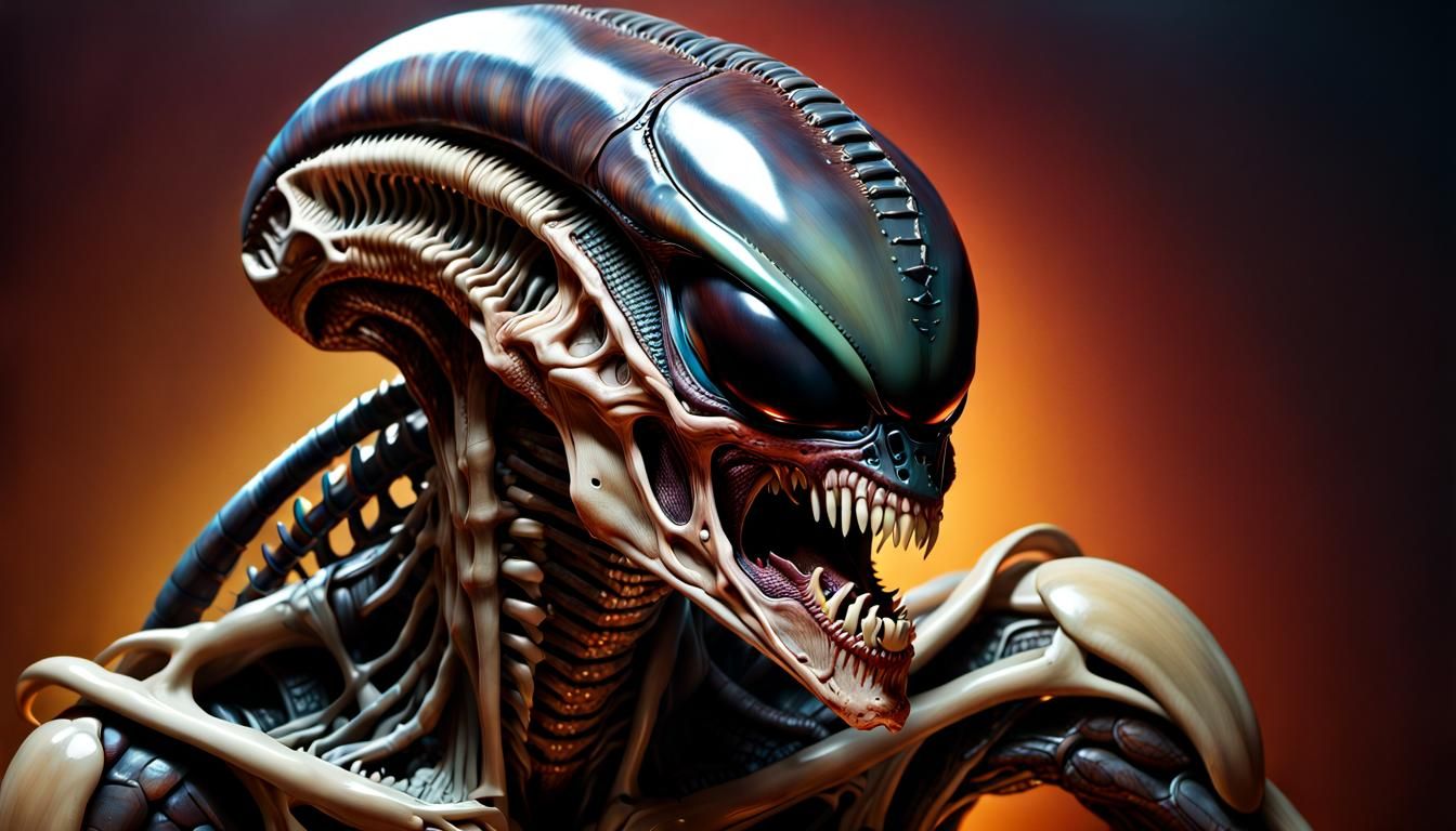 Xenomorph with rich wood grained skin Hyperrealistic, splash art, concept art, mid shot, intricately detailed, color dep...