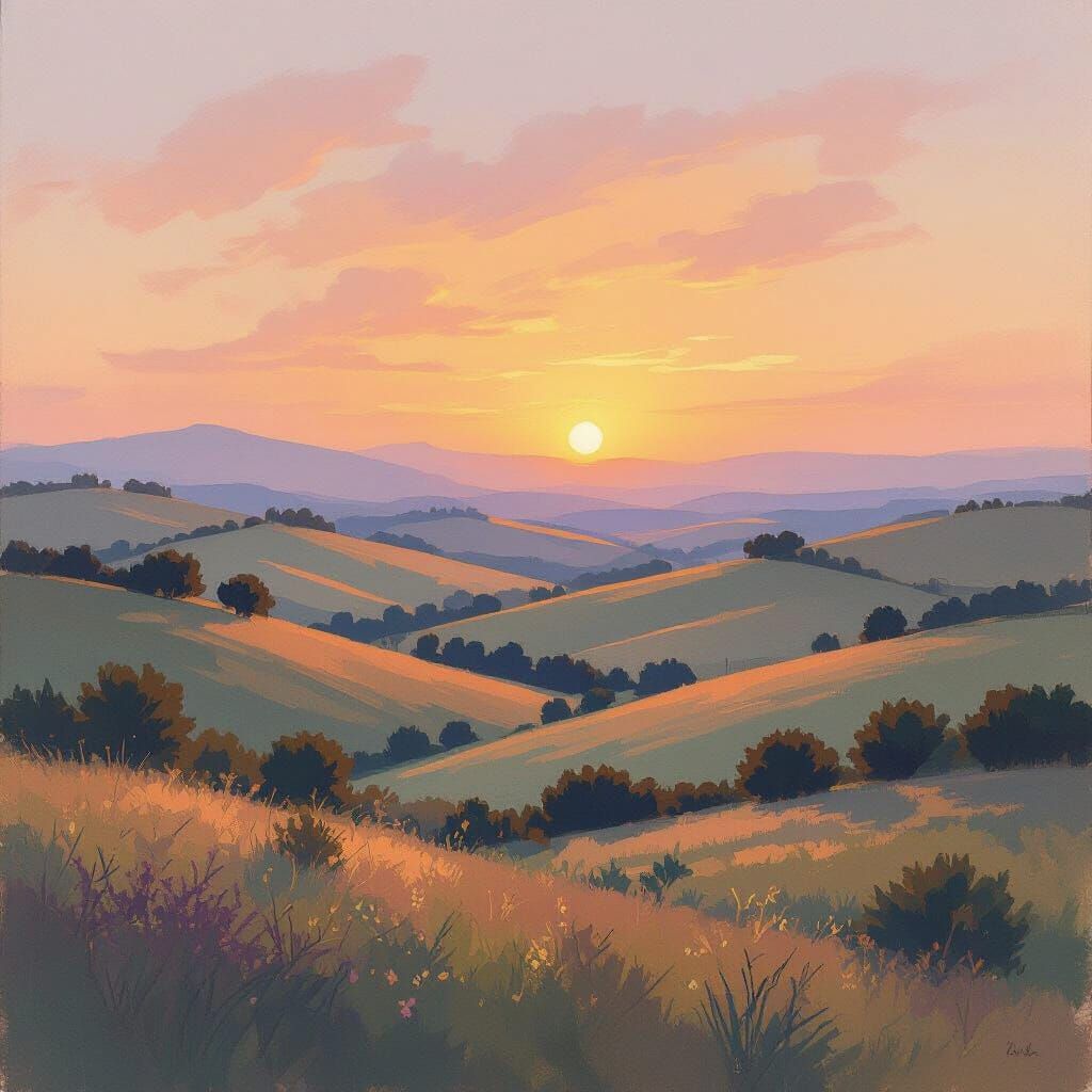 Serene Sunset Landscape in Soft Pastel Colors