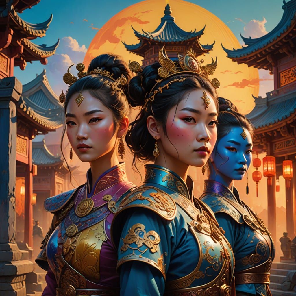 Asian Warriors in Traditional Chinese Houses with Vibrant Gr...