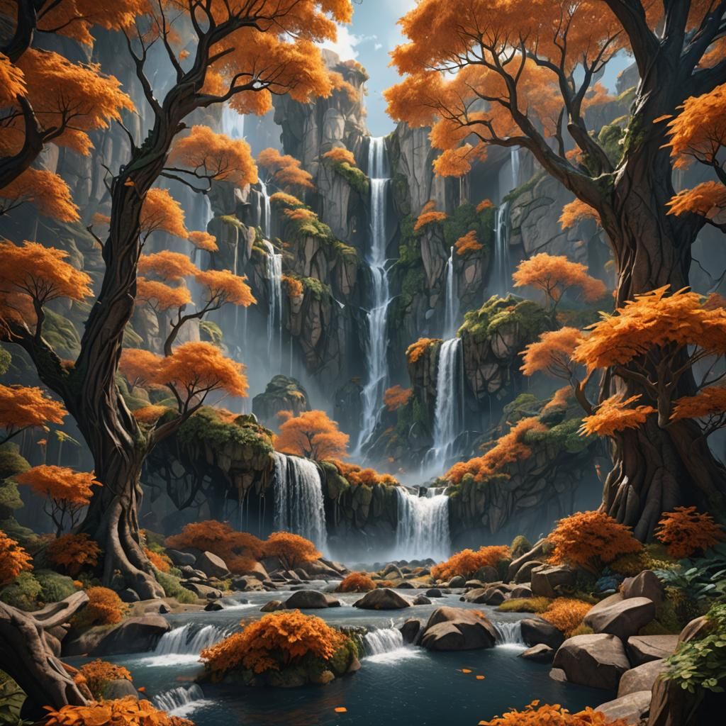 Elven City Waterfall with Autumnal Trees