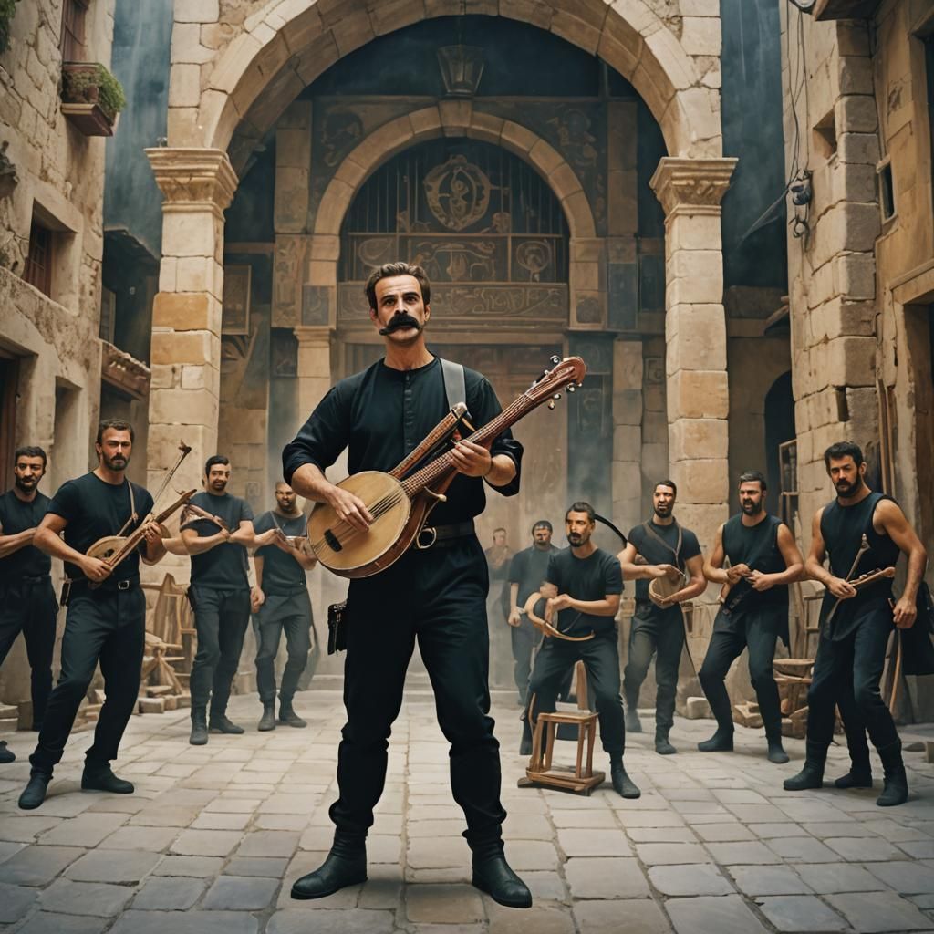 Cretan Man Plays Lyre in Cyberpunk Aquarelle Style