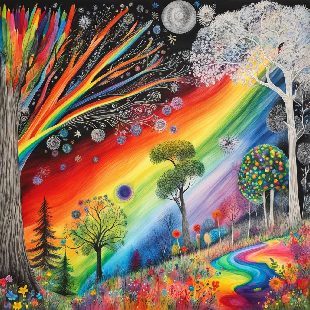 Enchanted forest, trees, flowers,  Kids Crayon drawings ,sur...