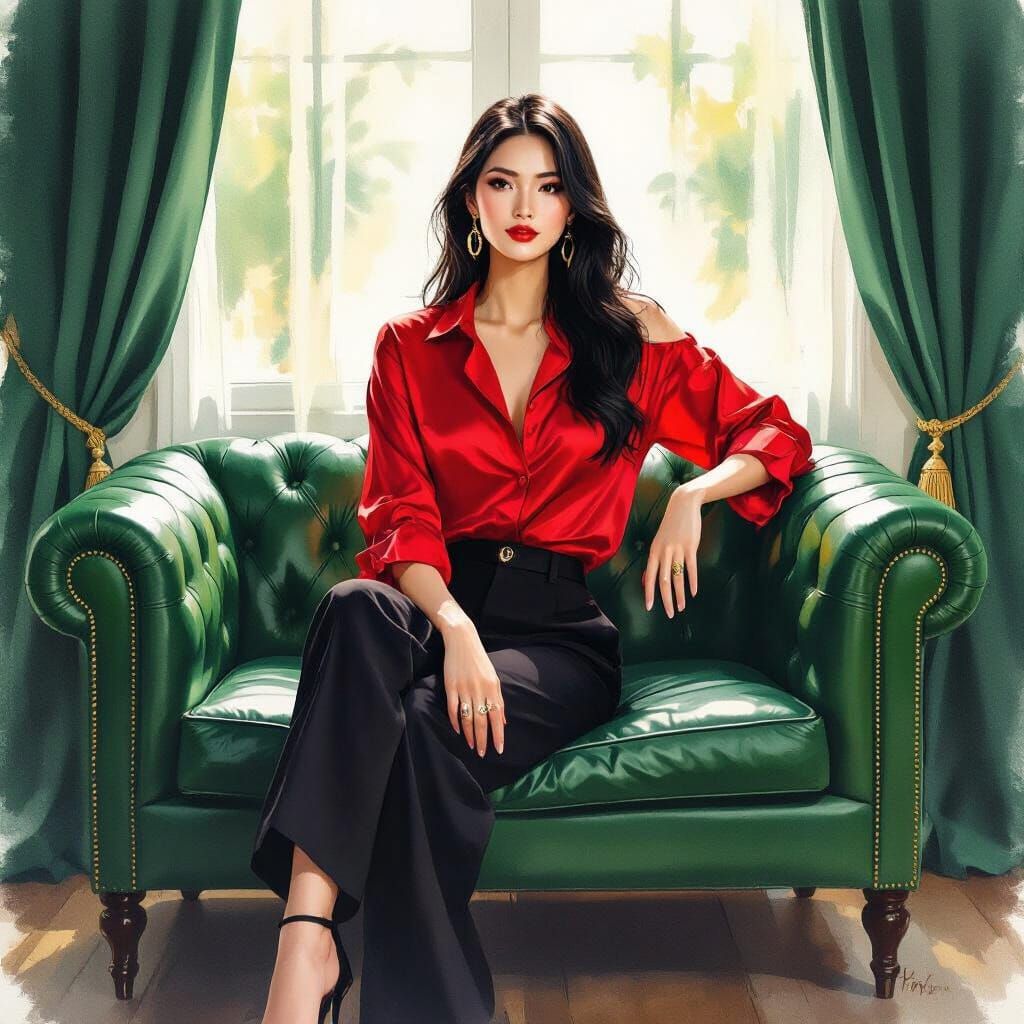 Vietnamese Woman in Red, Expressive Watercolor Portrait