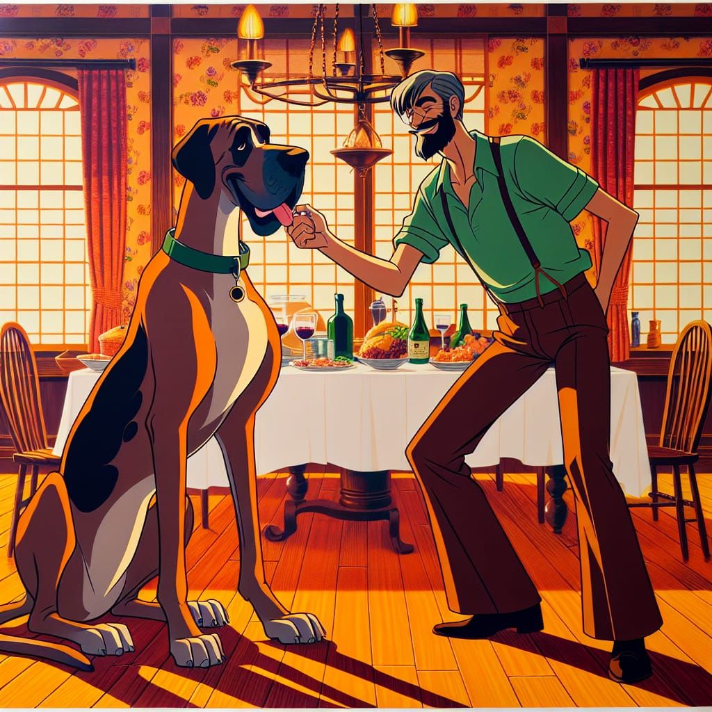 Great Dane and Man at Dinner Party in Animated Style