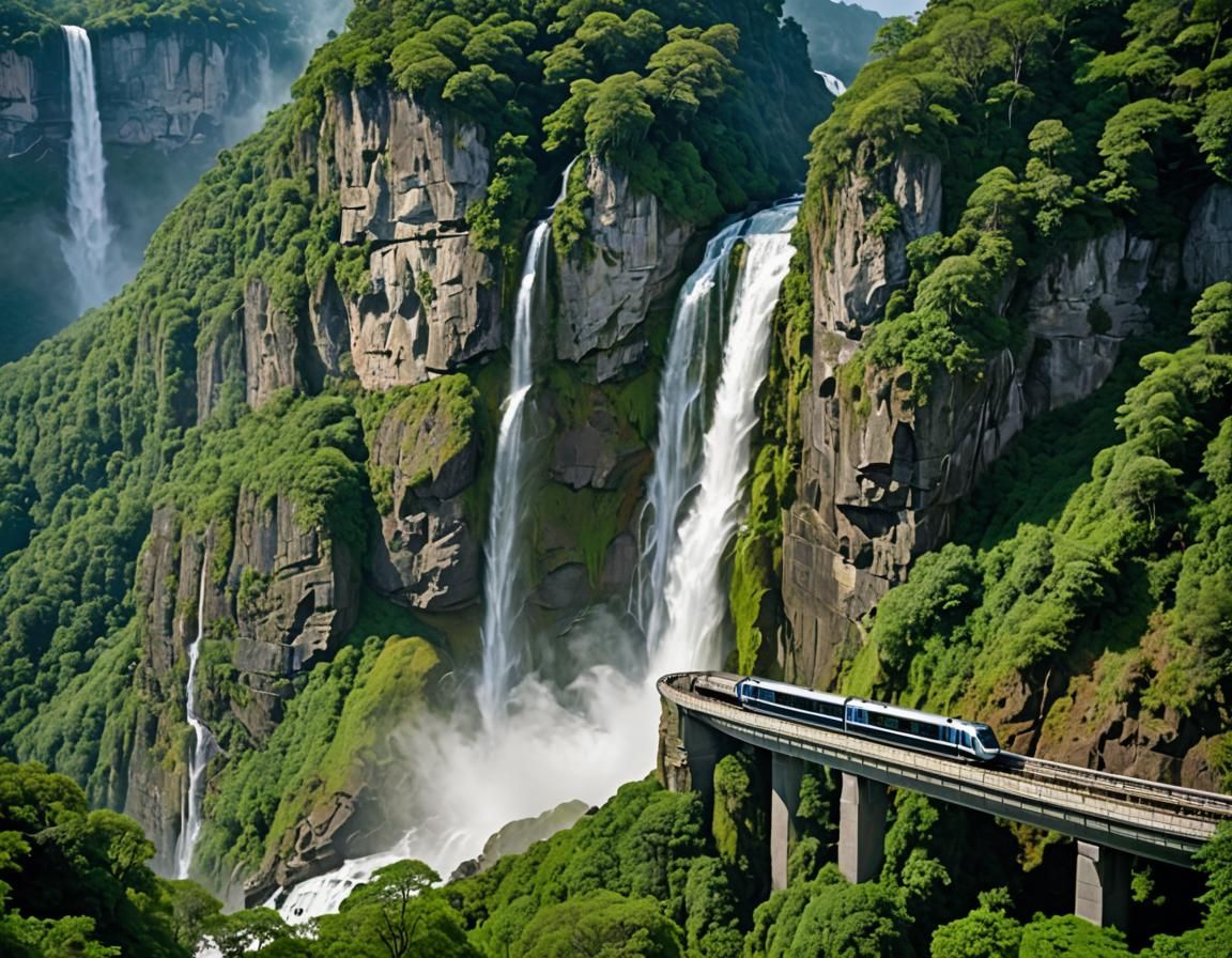 Futuristic Monorail Glides Past Majestic Waterfall Landscape