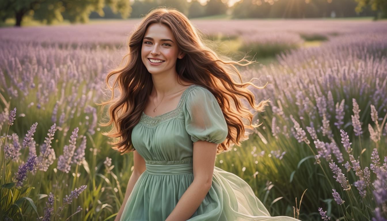 Serene Woman in Meadow: Photorealistic Digital Illustration