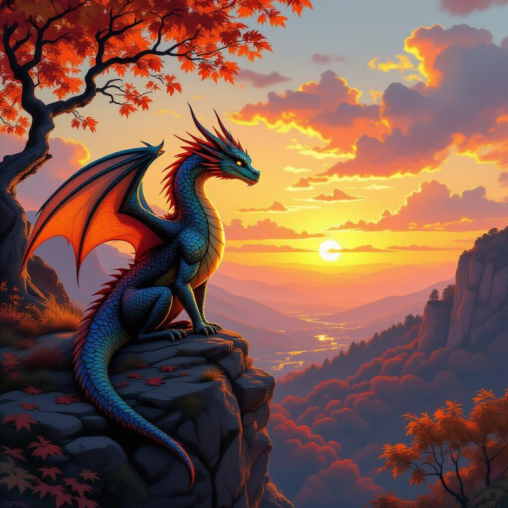 Majestic Dragon Over Sunset Valley - Epic Fantasy Art