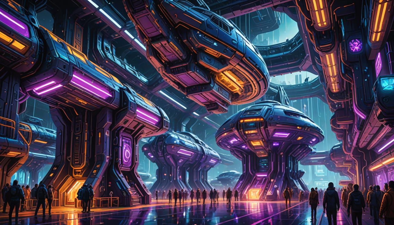Massive Spaceships Docked in Futuristic Spaceport