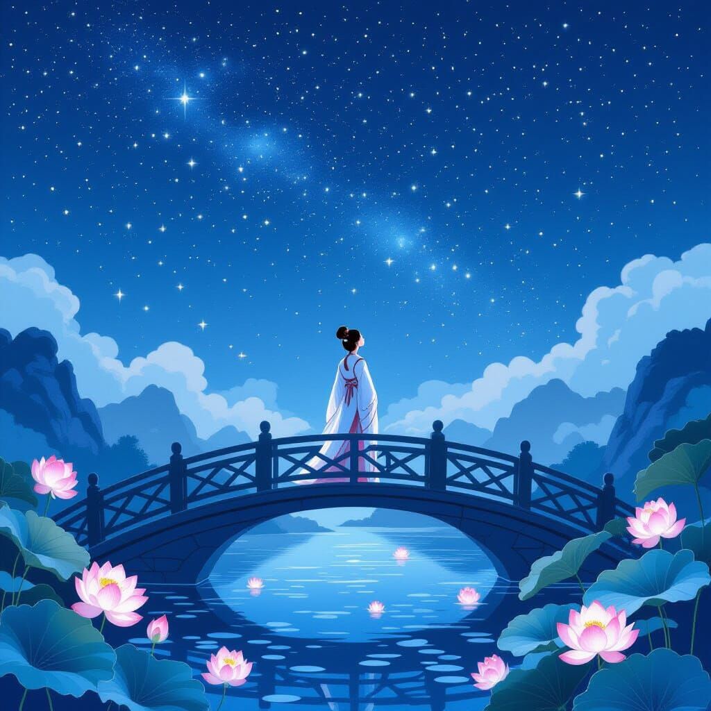 Woman Observes Starry Sky in Traditional Clothing