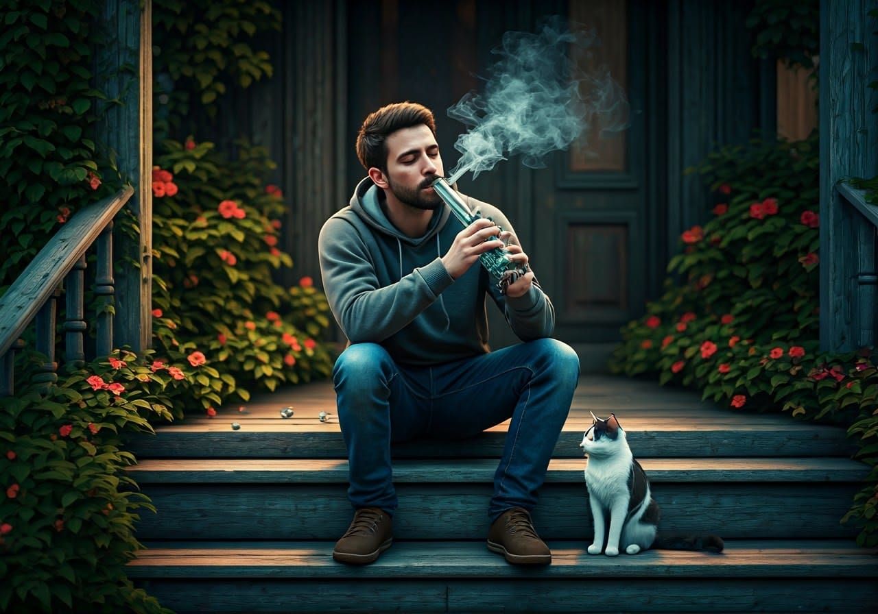 Man and Cat on Porch in Hyperrealistic Fantasy Art