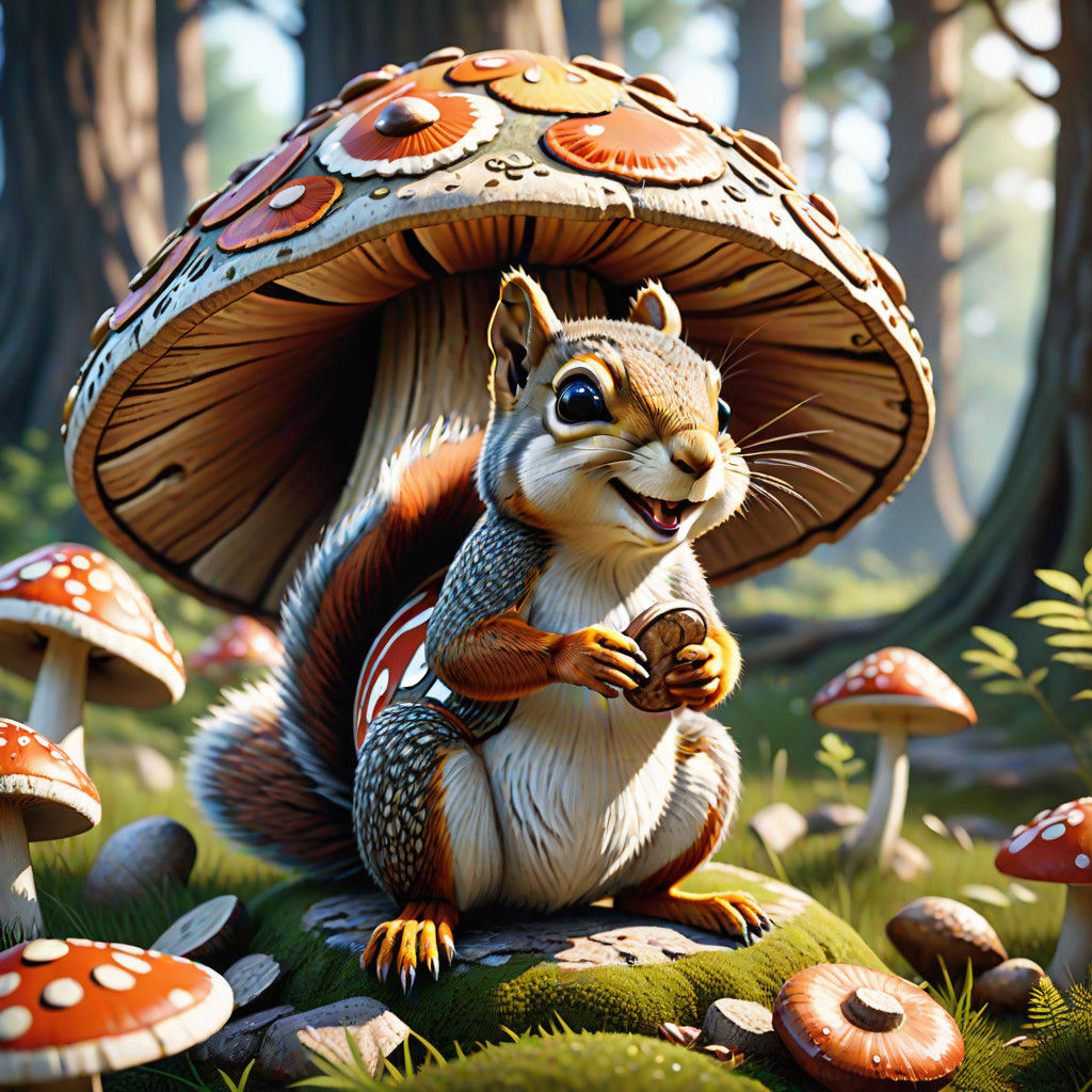 Whimsical Squirrel Under Mushroom in Madhubani Style