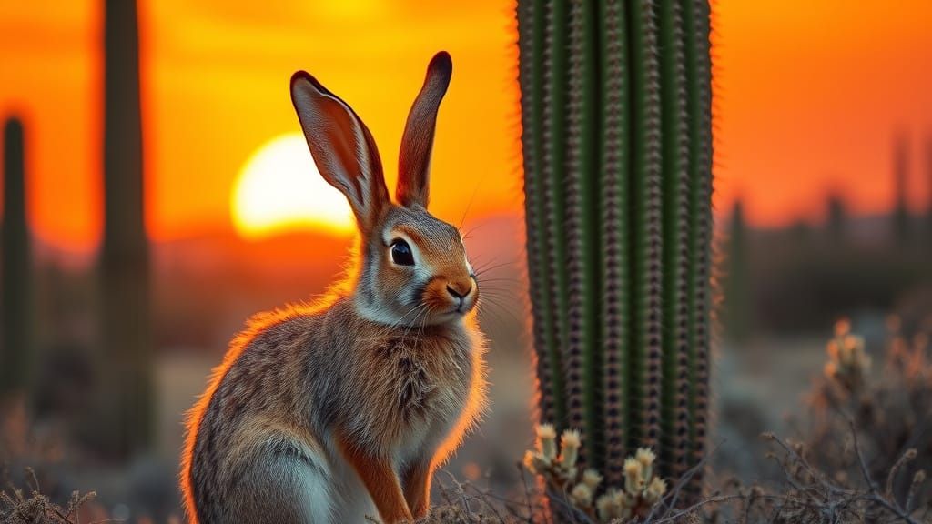 Jack Rabbit at Sunset near Saguaro Cactus