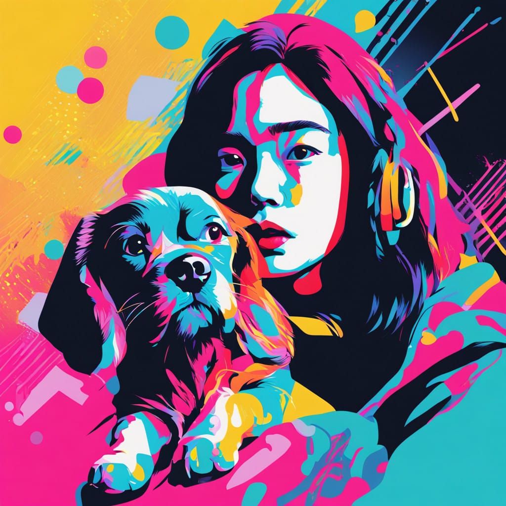 Vibrant Pop Art Portrait of Girl with Dog