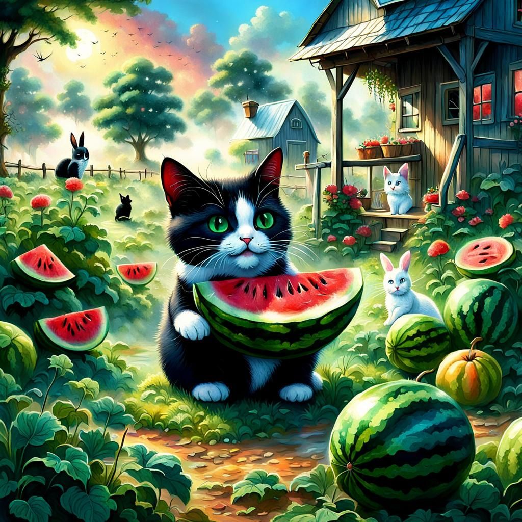 Living Watermelon Chatting with Kitty in Fantasy Animation
