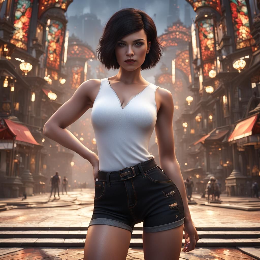 Curvy Brunette in White Top and Jeans, Detailed Matte Painti...