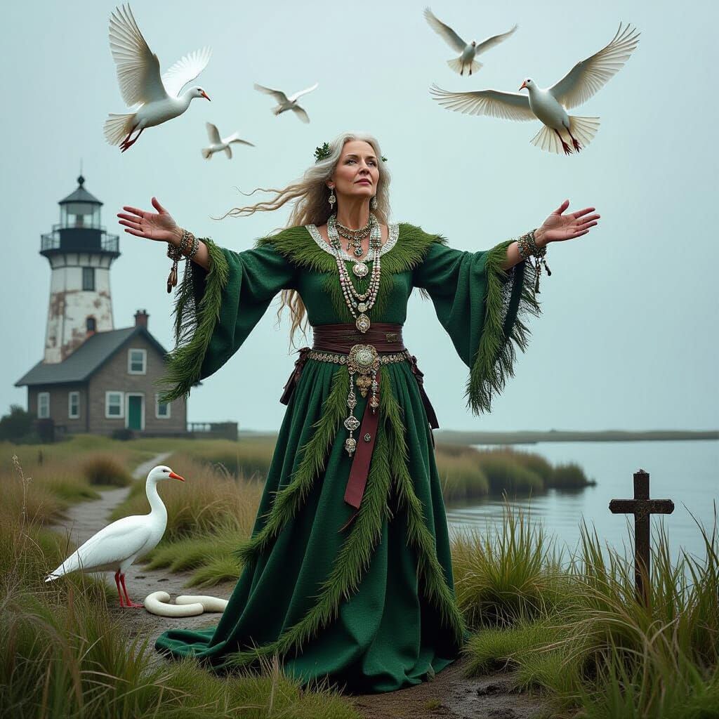 Medieval Healer Woman with Geese and Lighthouse