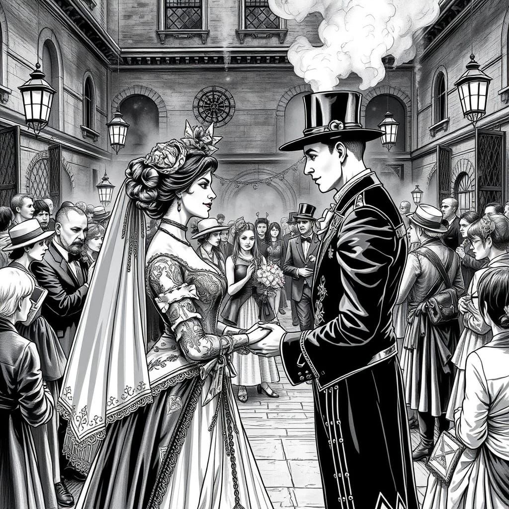 Steampunk Wedding in a Smoky Courtyard Castle