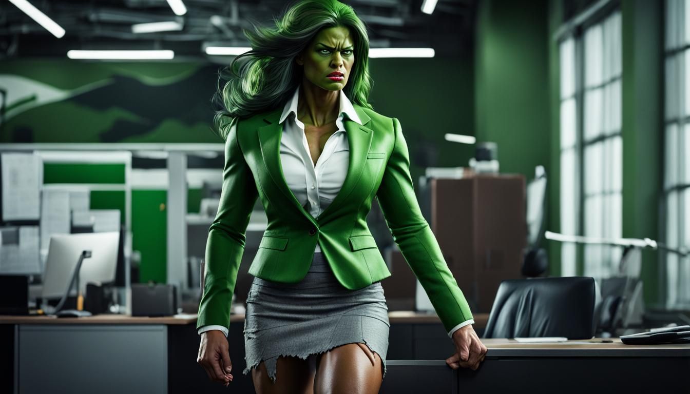 Angry She-Hulk in Office with Torn Clothes