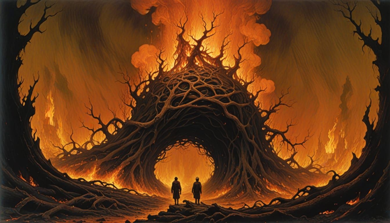 Agonizing Figure Engulfed in Flames in Beksiński Style