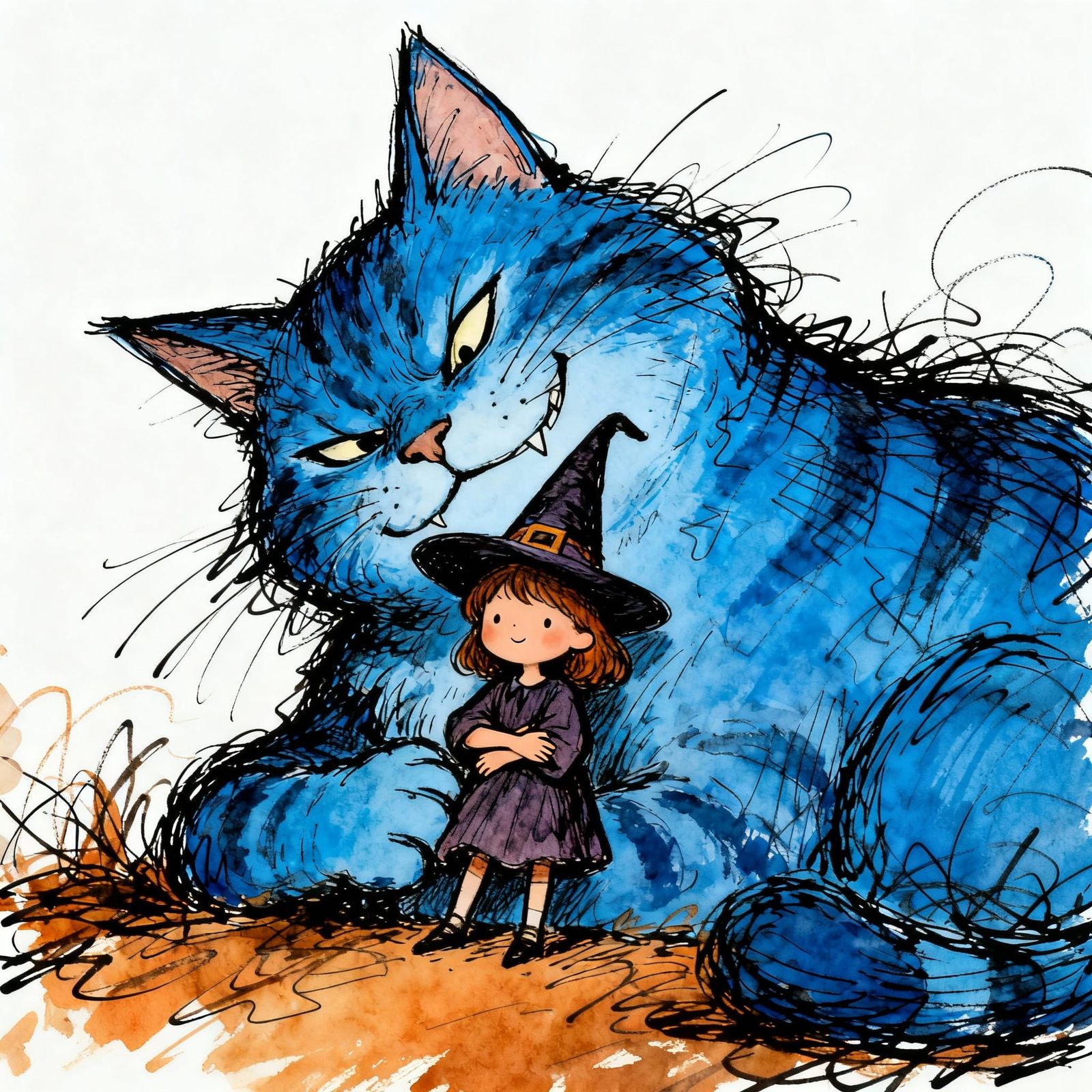 Adorable Witch and Giant Blue Cat Friendship Illustration