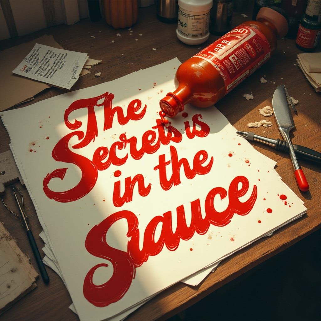 Messy Desk Scene with Bold Hot Sauce Typography