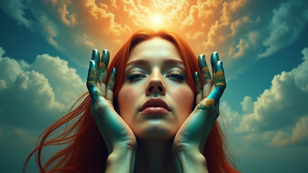 Surreal Woman with Landscape Hands: Dreamlike Portrait