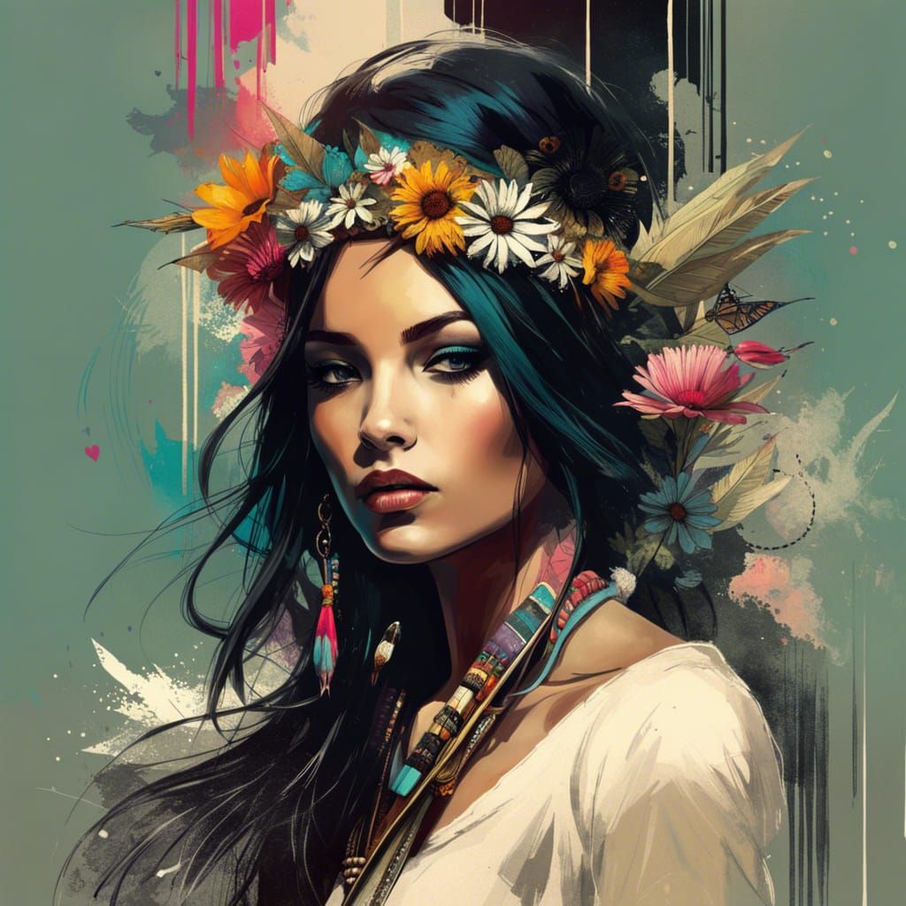 Hippie Flower Girl Digital Art, Sharp Focus