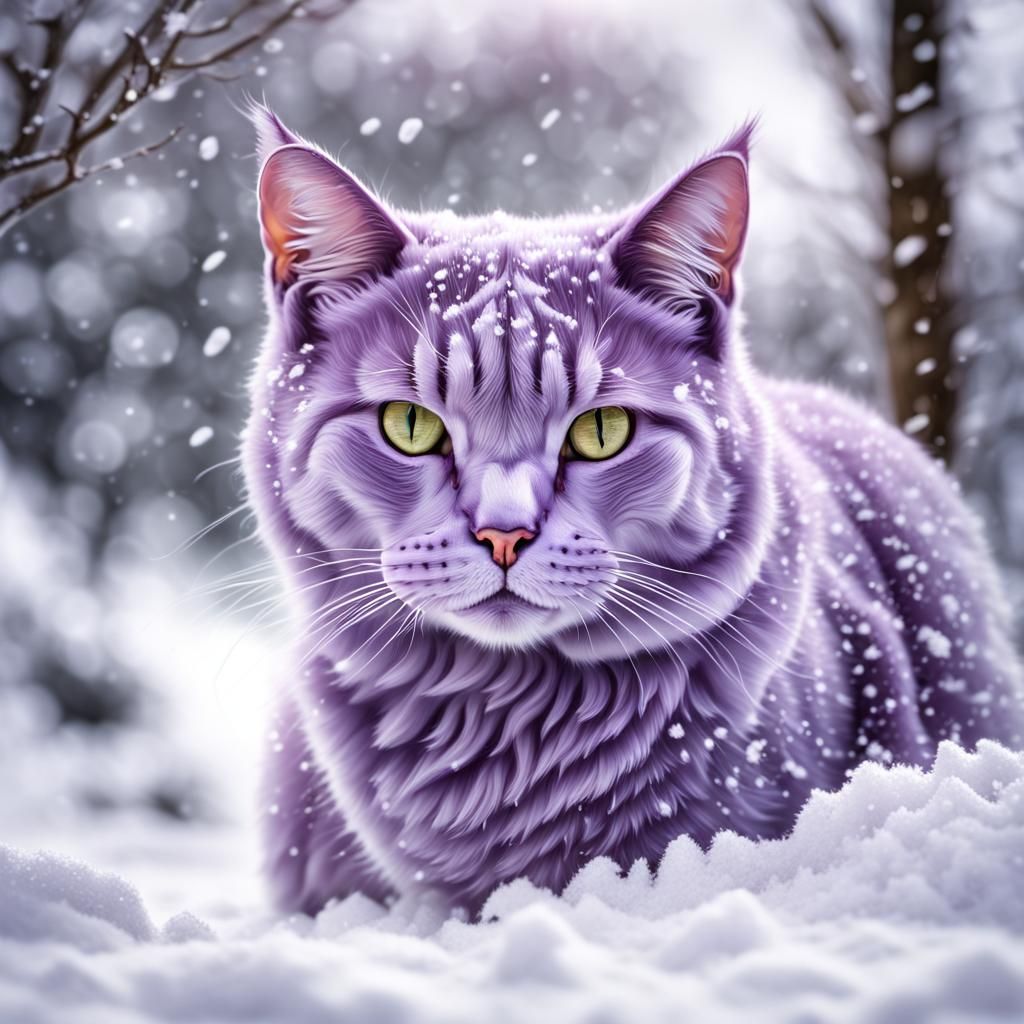 Lilac Cat in Snowy Scene, Hyperrealistic Style